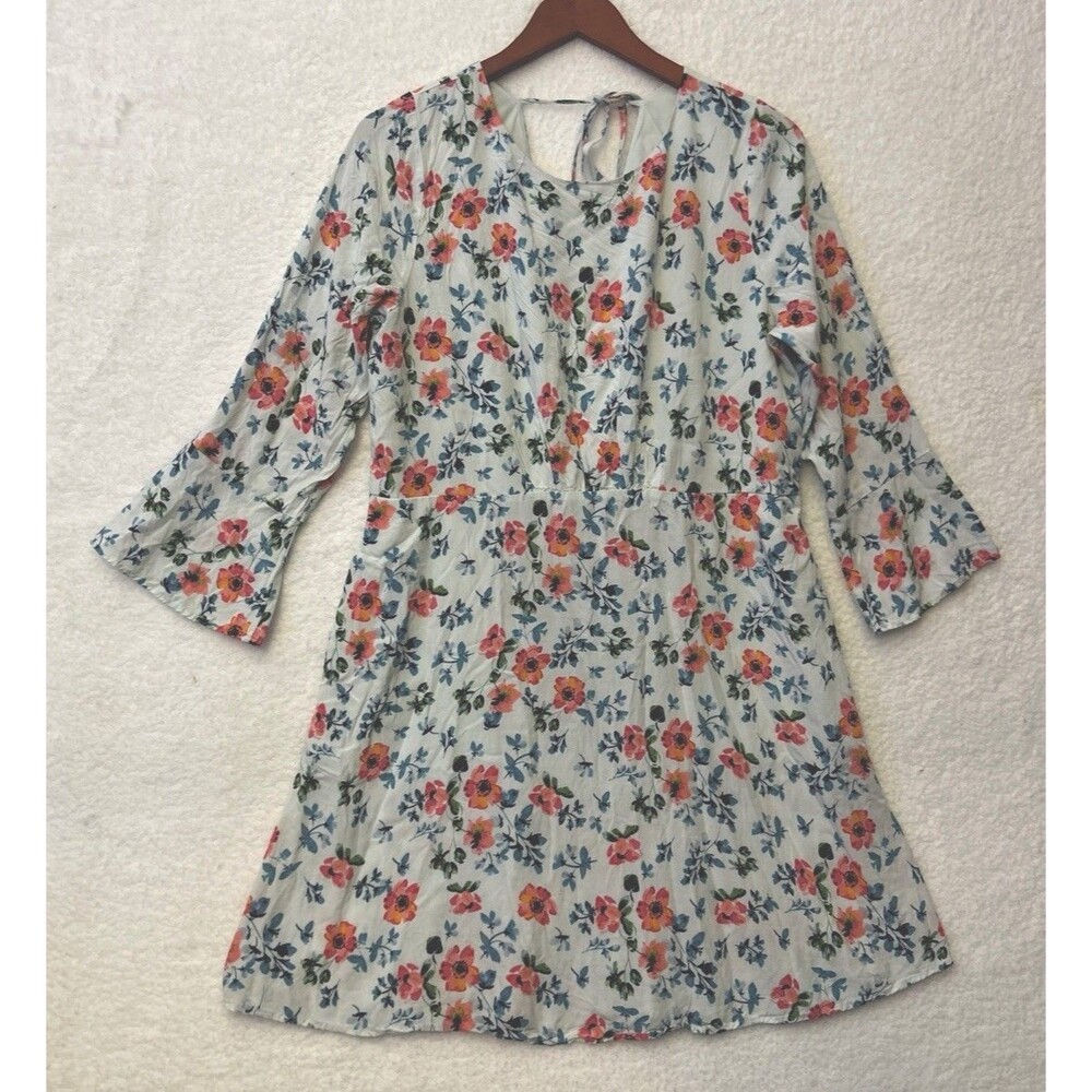 LOFT Blue Breeze Floral Print Dress Tie Back Bell 3/4 Sleeve White Pink Size 12 - Picture 4 of 10